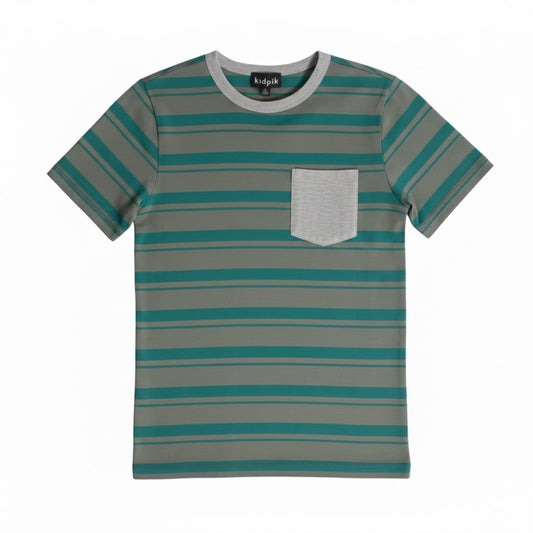 Cotton Striped Pocket Tee-Green