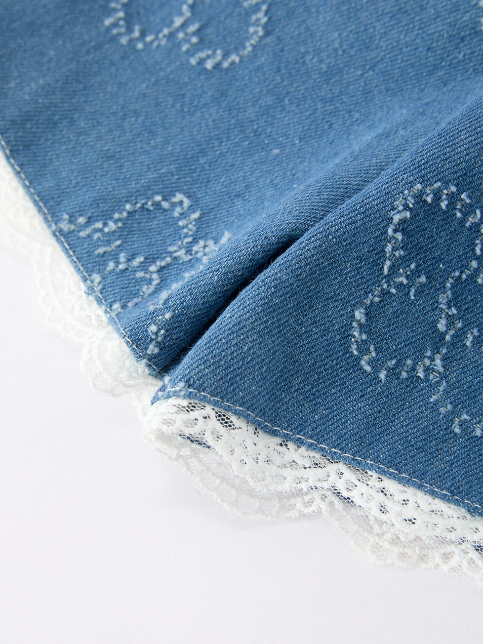Close-up of blue fabric with lace trim on a white background